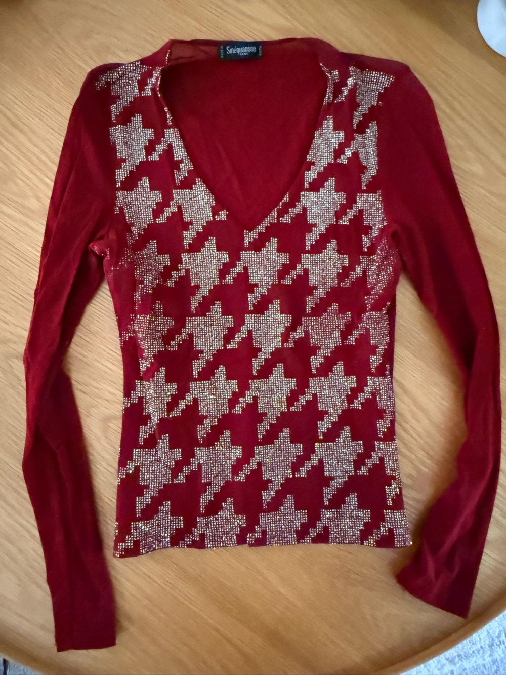 Vintage Sinequanone Women's Red Houndstooth gems Long-Sleeve Top